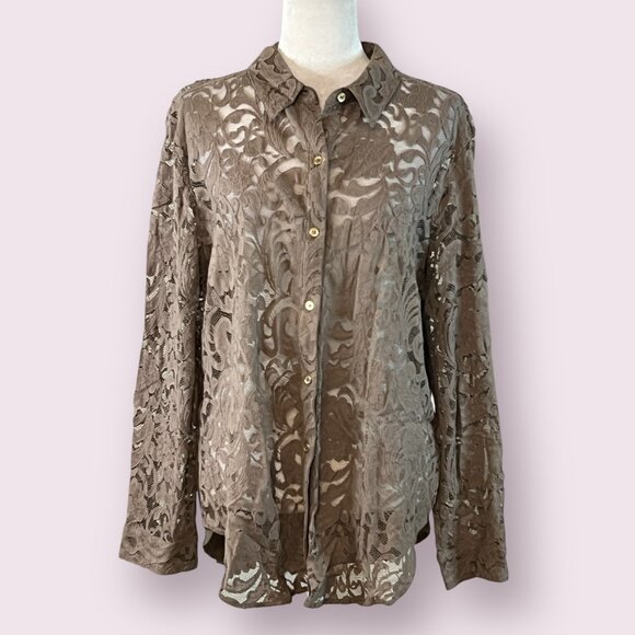 Chico's Burnout Lace Mesh Shirt Blouse Brown Sheer Floral Button Front Top Large - Picture 1 of 5